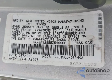 2005 Toyota Corolla Le z USA, uszkodzony, nr VIN 1NXBR32E85Z549966